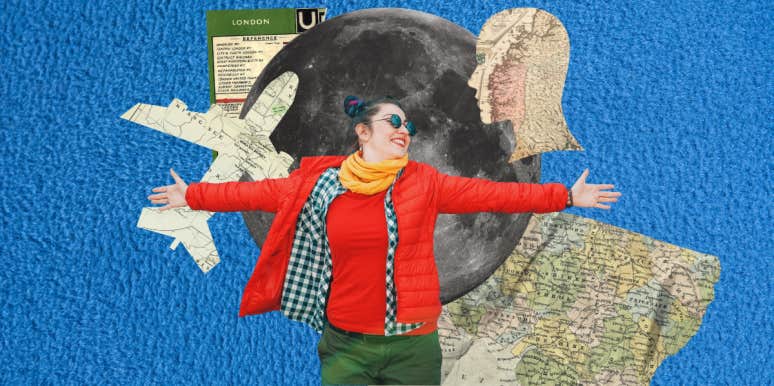 woman with arms spread out, moon, and maps