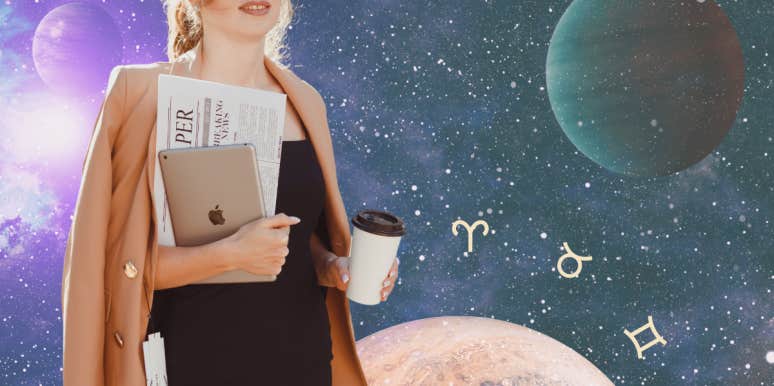 woman holding laptop and coffee in front of planets and zodiac symbols