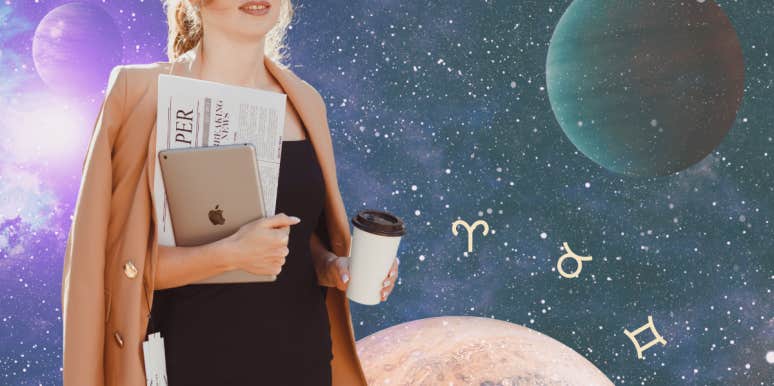 Ambitious Zodiac Signs Who Are Passionate About Life, Ranked woman holding laptop and coffee in front of planets and zodiac symbols