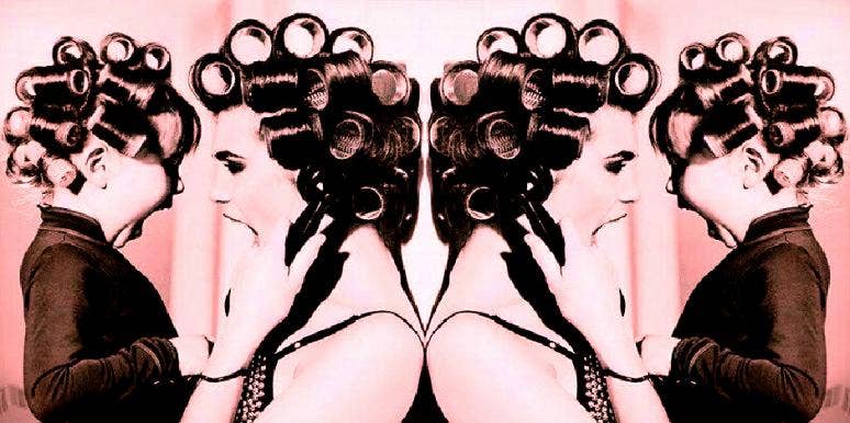 daughter and mother in curlers yelling on the phone daughter and mother in curlers yelling on the phone