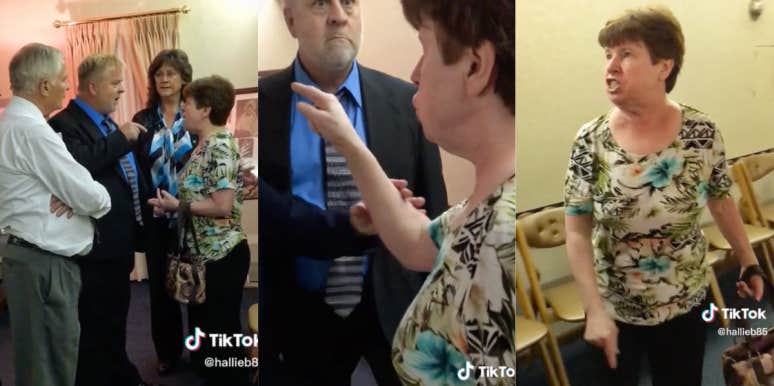 Screenshots of TikTok showing older woman yelling at family at funeral