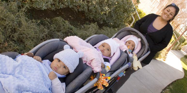 New Mom Of 2-Month-Old Triplets Berated By Partner After Taking A Quick Break As They Cried mom with triplets in stroller