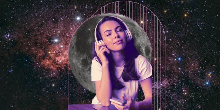 woman listening to music, moon