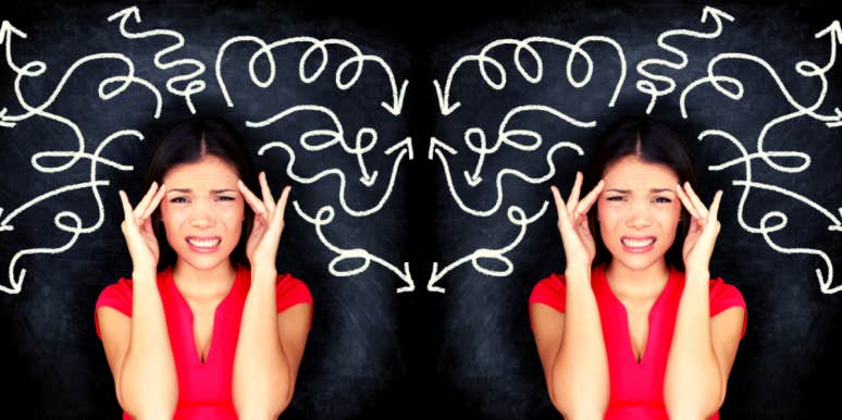 5 Negative Thought Patterns That Lead To Divorce woman wincing with squiggled lines on chalkboard behind her