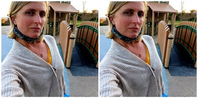 Having Nightmares About Forgetting To Wear A Mask? You’re Not Alone Joanna Schroeder wearing a covid mask pulled down