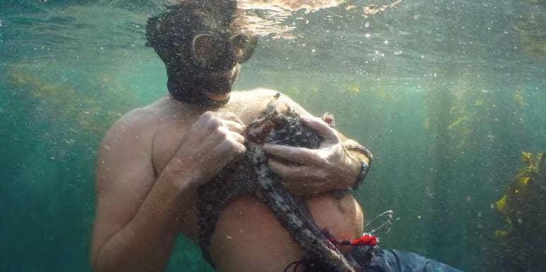 Craig Foster with the octopus in his arms