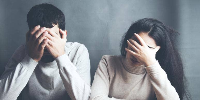 The Odd Pattern I Discovered After Being In 10 Failed Relationships woman and man with hands on forehead in frustration