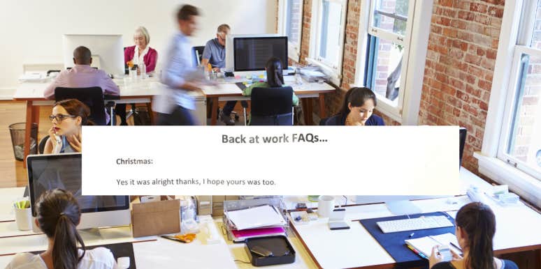 A busy office with a screenshot of the Christmas FAQ