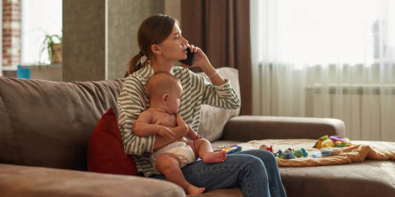 Babysitter Asks If She's Wrong For Lying To Parents About Break In After They Didn't Come Home On Time woman talking on phone while holding baby