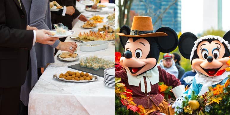 People choosing food at buffet, Mickey and Minnie Mouse