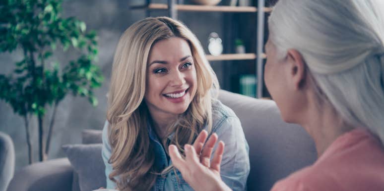 Mom Wonders If She Is Wrong For Continuing To Invite Son's Ex To Family Functions two women talking on couch