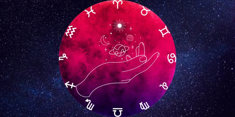 zodiac signs and hand holding planets