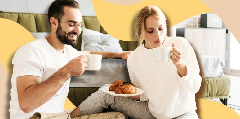 Couple enjoying breakfast and coffee on the floor of their room