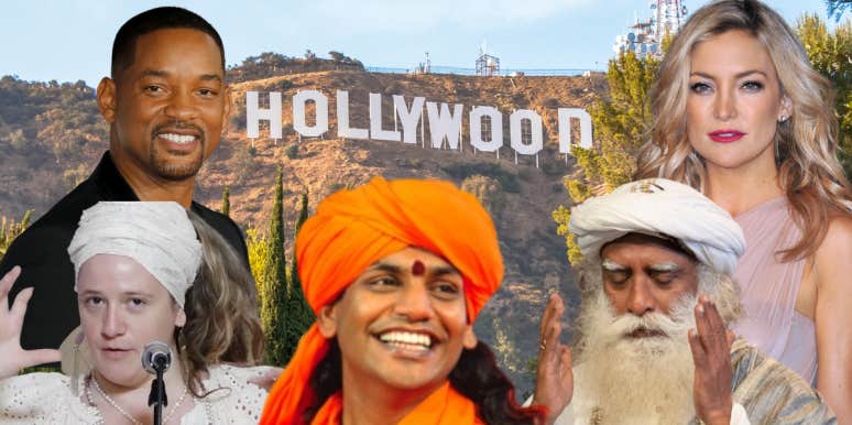 The Shady Celebrity Yoga Gurus Beloved By Hollywood Stars Hollywood sign background with Will Smith, Kate Hudson, and three celebrity yoga gurus