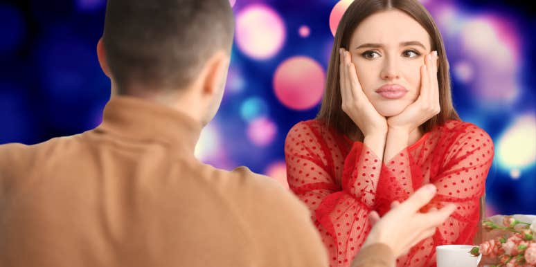 8 Things To Consider Before Giving Up On Love For Good woman with chin cradled in her hands looking exasperated across the table while on a date