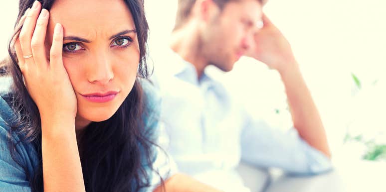 10 Major Warning Signs He's The Wrong Guy For You frustrated woman sitting next to man she's dating who's the wrong guy for her