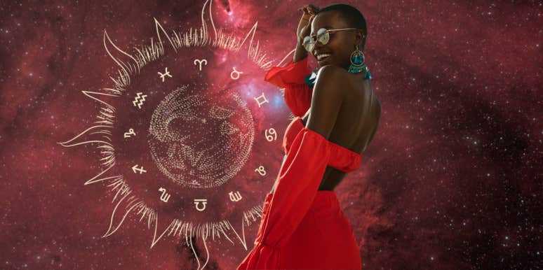 woman in red dress sun zodiac wheel
