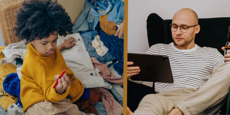Dad Makes 12-Year-Old Do Laundry, Cook Meals & Care For Younger Brother While Mom Is Away — Asks If He's Being 'Cruel' Son doing chores, dad relaxing