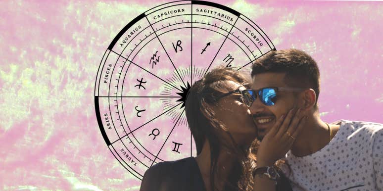 woman kissing man's cheek and zodiac wheel