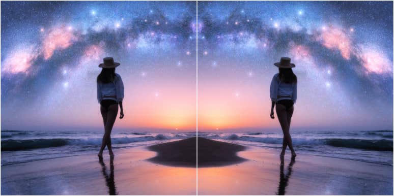 Useful tool used by spiritual intuitive doubled image of a woman walking on a beach under a colorful galaxy sky