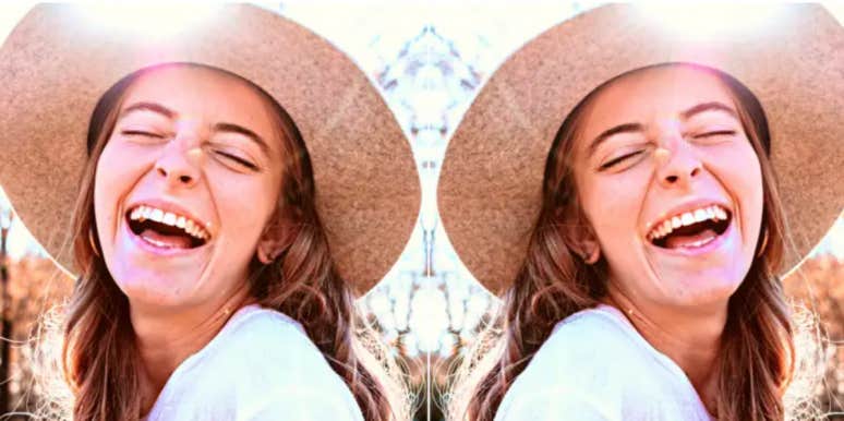 doubled image of a woman laughing in a hat