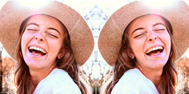 How to leave behind the weight of turbulent or traumatic past doubled image of a woman laughing in a hat