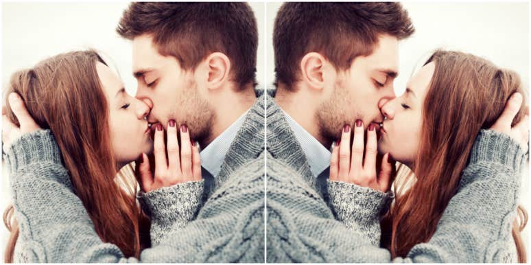 doubled image of a couple in love, kissing