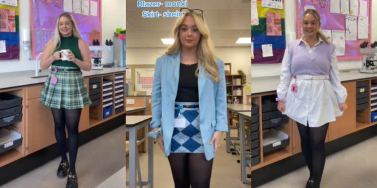 TikToker Shares Her Work Outfits Online & Receives Backlash By People Saying Her Skirts Are Inappropriate For School teacher wearing different outfits to school