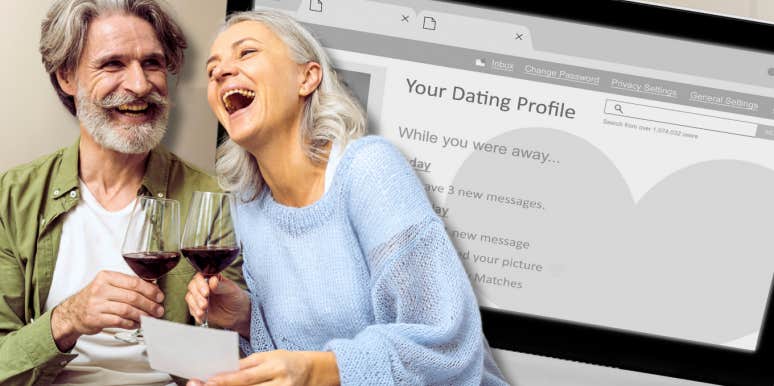 Mature couple having a glass of wine, online dating
