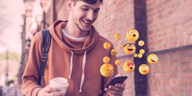 3 Emojis That Are Instant Turn-Offs For Guys (And 3 They Like Best) a guy texting, emojis flying out from the screen