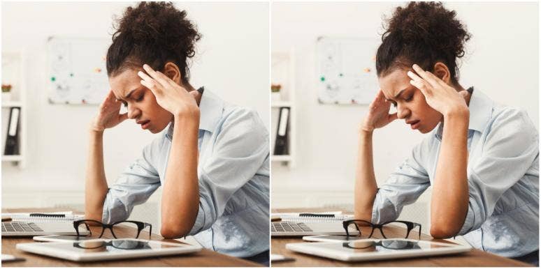 double image of tired woman at work