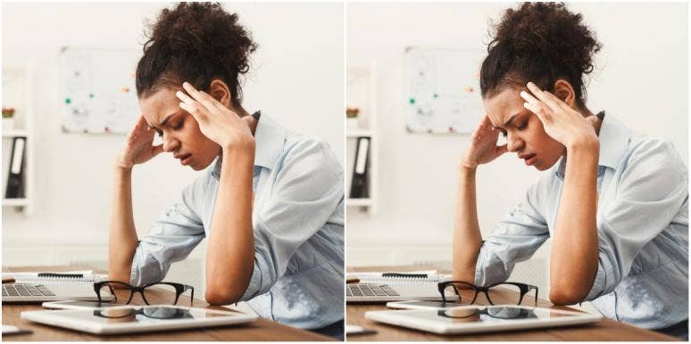 Great Resignation double image of tired woman at work