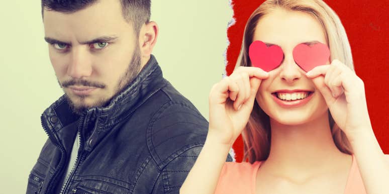 Woman with heart eyes for tough looking guy 