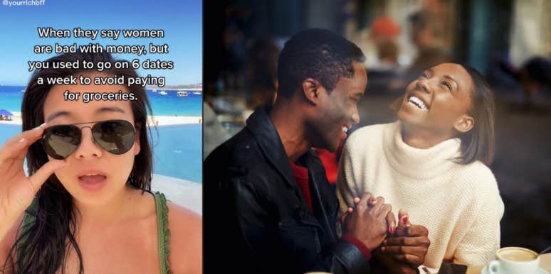 Woman Claims She Went On '6 Dates A Week' To Avoid Paying For Groceries Vivian Tu, man and woman laughing while on date