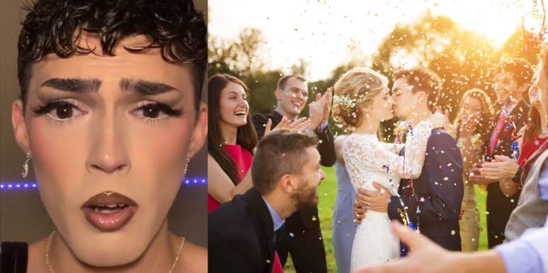 Man Uninvited From Childhood Best Friend's Wedding Because Of His Sexuality Devin Valeno, newlywed couple and friends celebrating