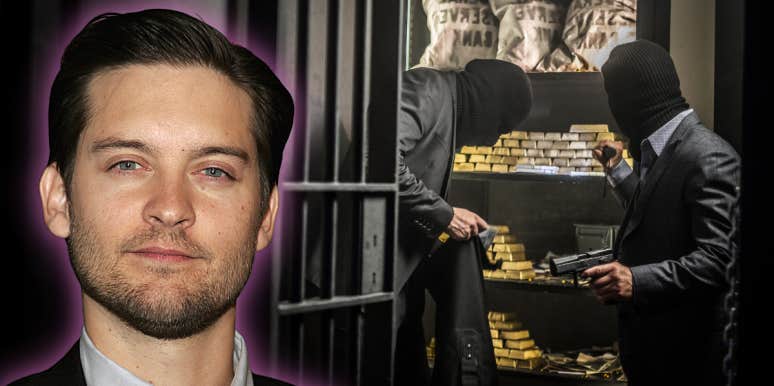 Tobey Maguire against a background showing a bank robbery