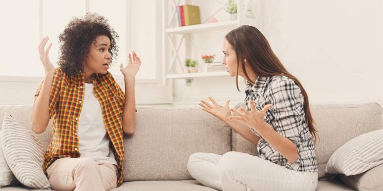 Woman Wonders If She Is In The Wrong For Not Telling Family Friends That Daughter Is Transgender two women friends arguing on couch