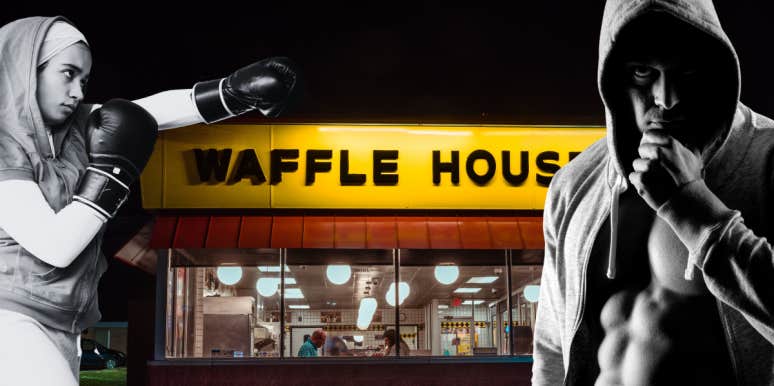 female and male fighters, waffle house