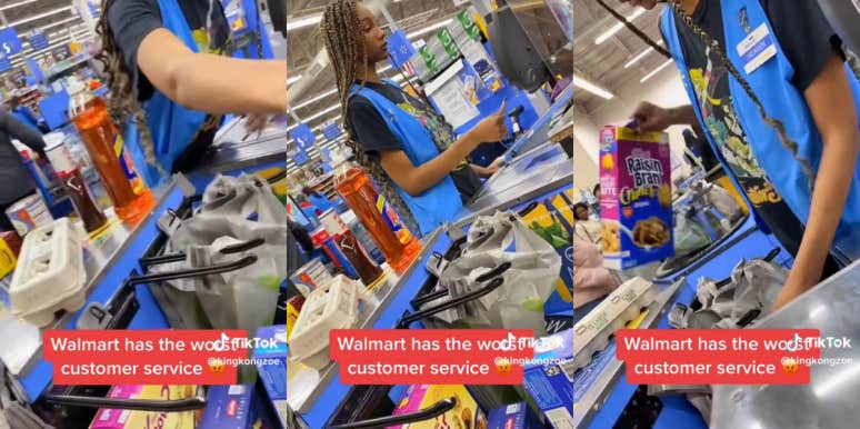 Walmart employee bagging groceries