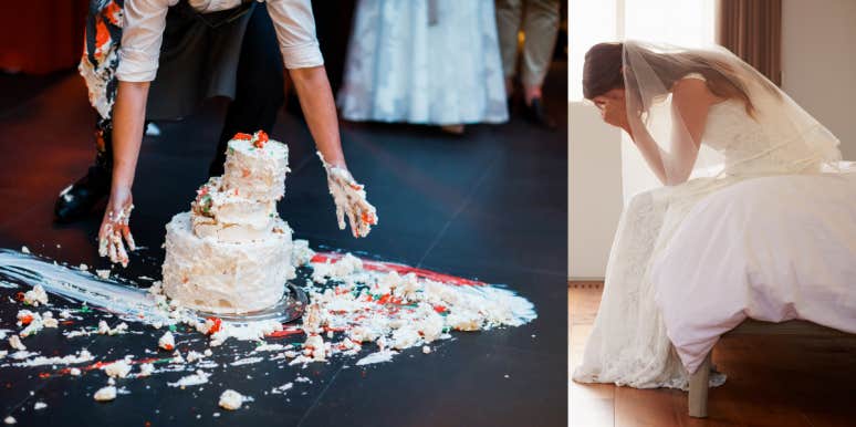 Cake on floor, bride crying