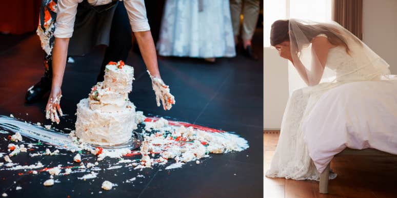 Woman Wants A Divorce After Husband Pulled Wedding Prank Cake on floor, bride crying