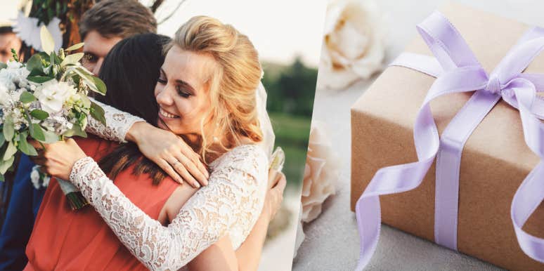 Woman Makes Custom Gift For Bride Instead Of Buying Off Of The Registry bride hugging friend, wedding gift