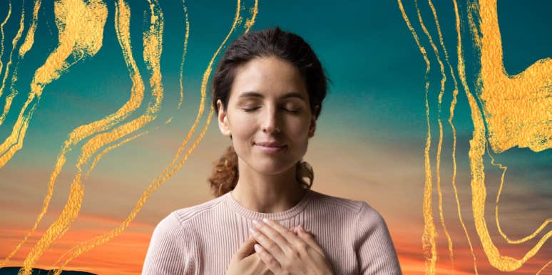 Wellness myths that keep people from healing woman with hands on heart in front of a sunset & gold swirls