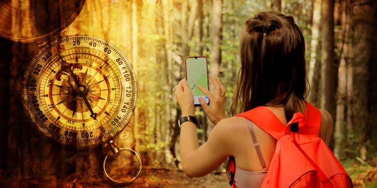 What Is Randonauting And Why You May Want To Think Twice Before Trying It woman on phone compass
