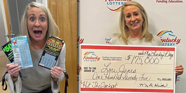 Woman Steals Scratch Ticket in White Elephant Gift Exchange & Wins $175,000 woman holding lottery tickets and large check