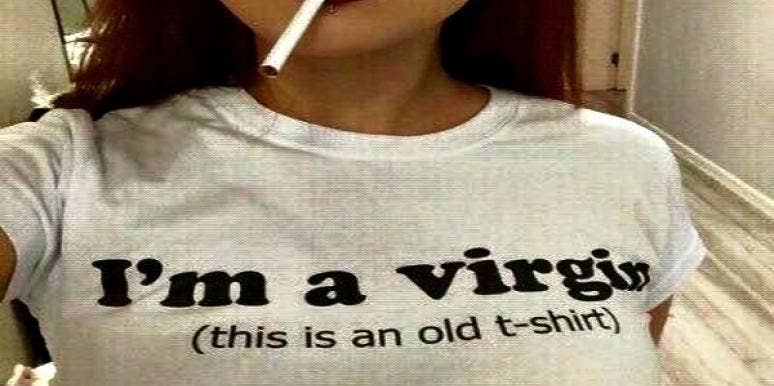 Woman in a virgin shirt.