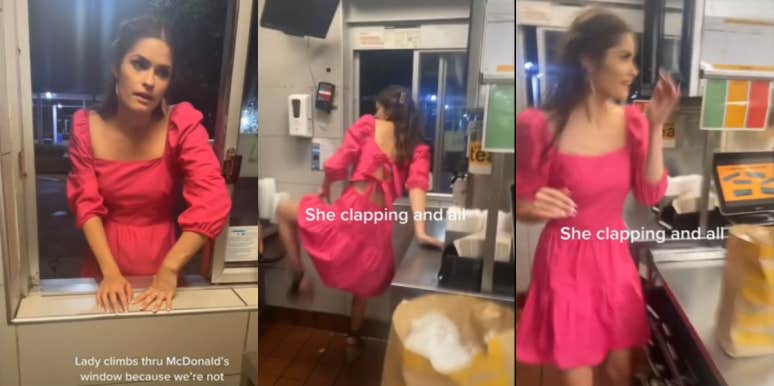 TikToker Shares Video Of Woman Climbing In McDonald's Drive-Thru Window woman climbs in McDonalds drive thru window