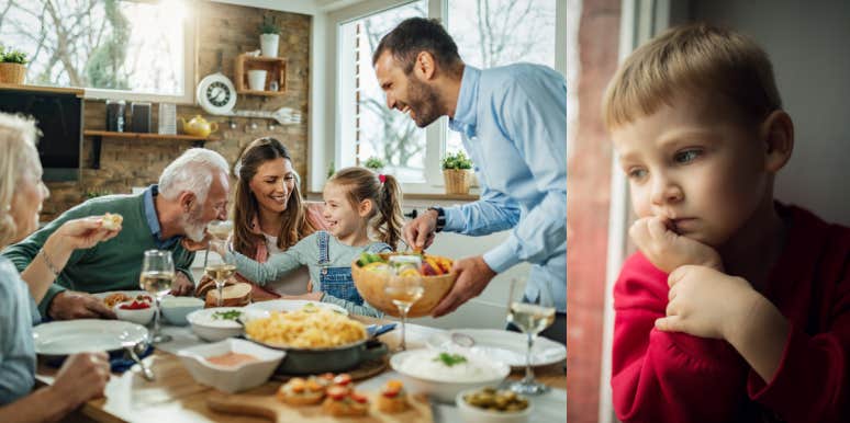 Woman Excludes Nephew From Family Meals Because He Eats Junk Food Family having a meal, sad boy