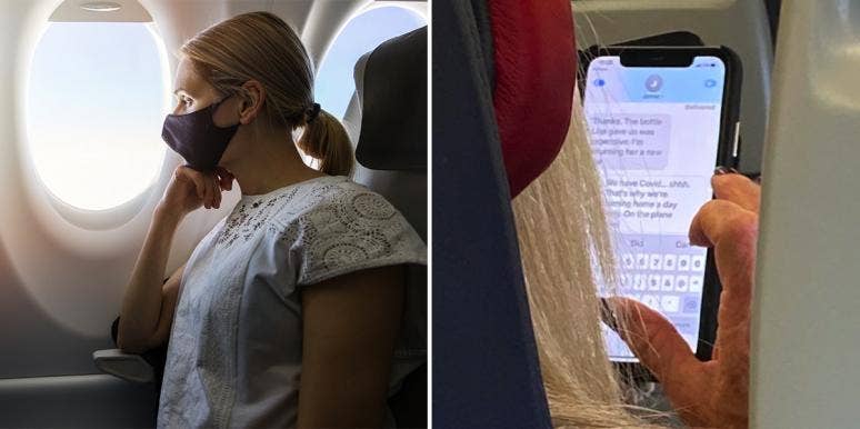 Horrified Plane Passenger Sparks Debate Over A Woman's 'We Have Covid Shhh' Text woman on plane text message covid