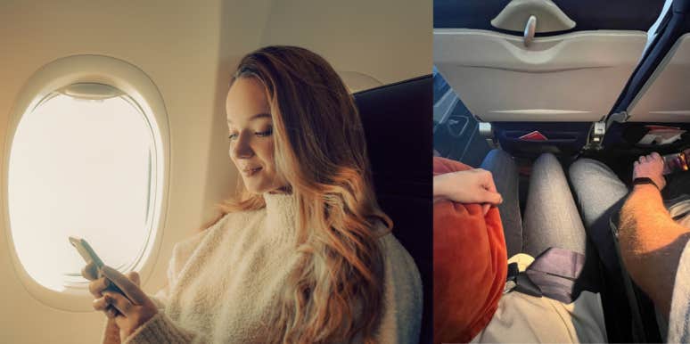 Woman Shares Photo Of Male Passenger's Legs In Her Space During Flight, Sparking Conversation Surrounding 'Manspreading' woman, airplane